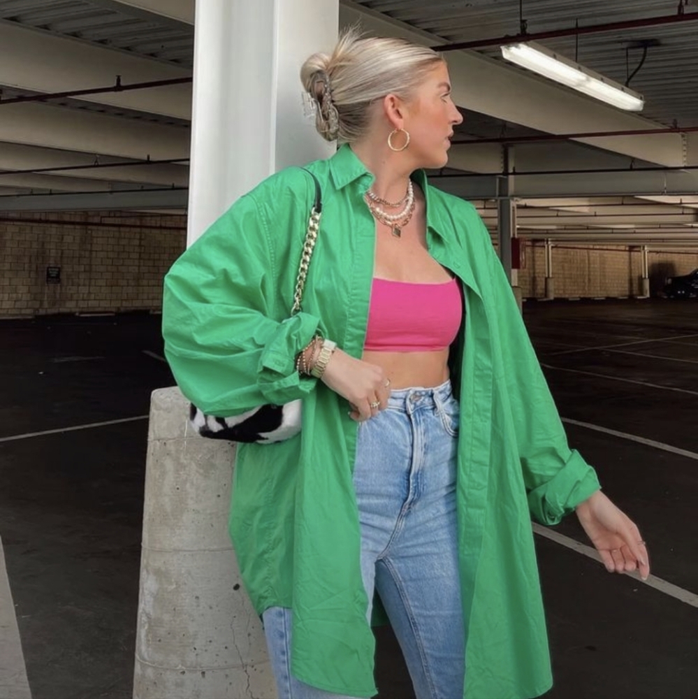 Oversized Green Linen Blend Button Up